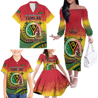 Personalised Vanuatu Family Matching Off The Shoulder Long Sleeve Dress and Hawaiian Shirt Yumi 45th Hapi Independens Dei - Reggae Version LT14 - Polynesian Pride