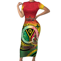 Personalised Vanuatu Short Sleeve Bodycon Dress Yumi 45th Hapi Independens Dei - Reggae Version LT14