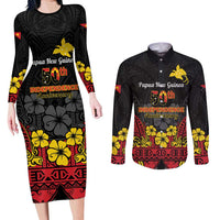 Papua New Guinea Independence Day Couples Matching Long Sleeve Bodycon Dress and Long Sleeve Button Shirt PNG Bird of Paradise 50th Anniversary LT14 Black - Polynesian Pride