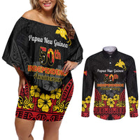 Papua New Guinea Independence Day Couples Matching Off Shoulder Short Dress and Long Sleeve Button Shirt PNG Bird of Paradise 50th Anniversary LT14 Black - Polynesian Pride
