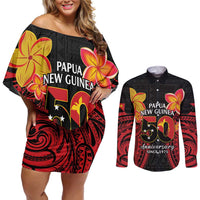 Papua New Guinea Independence Day Couples Matching Off Shoulder Short Dress and Long Sleeve Button Shirt PNG Since 1975 LT14 Black - Polynesian Pride