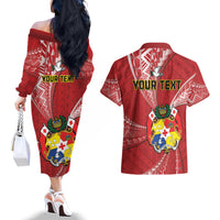 Personalised Tonga Independence Day Couples Matching Off The Shoulder Long Sleeve Dress and Hawaiian Shirt Happy 54th Independence Anniversary Ngatu Pattern LT14 - Polynesian Pride