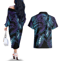 Polynesia Sea Turtle Day Couples Matching Off The Shoulder Long Sleeve Dress and Hawaiian Shirt Tribal Honu Plumeria Polynesian Pattern LT14 - Polynesian Pride