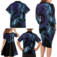 Polynesia Sea Turtle Day Family Matching Long Sleeve Bodycon Dress and Hawaiian Shirt Tribal Honu Plumeria Polynesian Pattern LT14 - Polynesian Pride