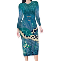 World Sea Turtle Day Polynesia Family Matching Long Sleeve Bodycon Dress and Hawaiian Shirt Go With The Flow LT14 Mom's Dress Cyan - Polynesian Pride