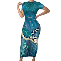 World Sea Turtle Day Polynesia Family Matching Short Sleeve Bodycon Dress and Hawaiian Shirt Go With The Flow LT14 Mom's Dress Cyan - Polynesian Pride