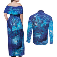Kuri New Zealand Matariki Couples Matching Off Shoulder Maxi Dress and Long Sleeve Button Shirt Aotearoa Dog Waka Maori New Year Galaxy Vibes LT14 - Polynesian Pride
