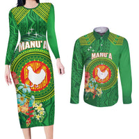 Personalized Manu'a Cession Day Couples Matching Long Sleeve Bodycon Dress and Long Sleeve Button Shirt Tropical Flowers With Polynesian Pattern