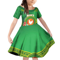 Personalized Manu'a Cession Day Family Matching Off Shoulder Short Dress and Hawaiian Shirt Tropical Flowers With Polynesian Pattern LT14 Daughter's Dress Green - Polynesian Pride