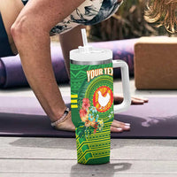 Personalized Manu'a Cession Day Tumbler With Handle Tropical Flowers With Polynesian Pattern