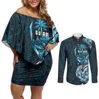 Asut Guam Chamorro Couples Matching Off Shoulder Short Dress and Long Sleeve Button Shirt Guahan Seal Tattoo LT14 Blue - Polynesian Pride