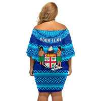 Personalised Fiji Off Shoulder Short Dress Unique Fijian Tapa Pattern With Coat Of Arms LT14 - Polynesian Pride