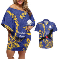 Nauru Angam Day Couples Matching Off Shoulder Short Dress and Hawaiian Shirt Naoero Frigate Bird Polynesian Pattern LT14 Blue - Polynesian Pride