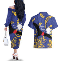 Nauru Angam Day Couples Matching Off The Shoulder Long Sleeve Dress and Hawaiian Shirt Naoero Frigate Bird Polynesian Pattern LT14 - Polynesian Pride