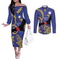 Nauru Angam Day Couples Matching Off The Shoulder Long Sleeve Dress and Long Sleeve Button Shirt Naoero Frigate Bird Polynesian Pattern LT14 Blue - Polynesian Pride