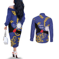 Nauru Angam Day Couples Matching Off The Shoulder Long Sleeve Dress and Long Sleeve Button Shirt Naoero Frigate Bird Polynesian Pattern LT14 - Polynesian Pride