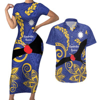 Nauru Angam Day Couples Matching Short Sleeve Bodycon Dress and Hawaiian Shirt Naoero Frigate Bird Polynesian Pattern LT14 Blue - Polynesian Pride