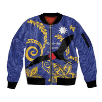 Nauru Angam Day Sleeve Zip Bomber Jacket Naoero Frigate Bird Polynesian Pattern LT14 Unisex Blue - Polynesian Pride