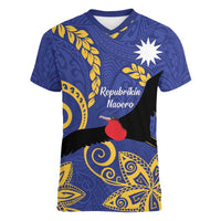 Nauru Angam Day Women V-Neck T-Shirt Naoero Frigate Bird Polynesian Pattern LT14 Female Blue - Polynesian Pride