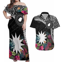 Black Nauru Couples Matching Off Shoulder Maxi Dress and Hawaiian Shirt Naoero Map With Polynesian Tropical Flowers LT14 Black - Polynesian Pride