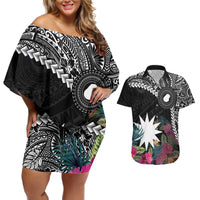 Black Nauru Couples Matching Off Shoulder Short Dress and Hawaiian Shirt Naoero Map With Polynesian Tropical Flowers LT14 Black - Polynesian Pride