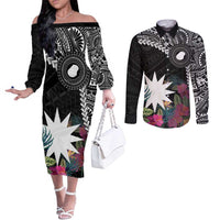 Black Nauru Couples Matching Off The Shoulder Long Sleeve Dress and Long Sleeve Button Shirt Naoero Map With Polynesian Tropical Flowers LT14 Black - Polynesian Pride