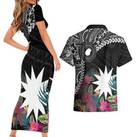 Black Nauru Couples Matching Short Sleeve Bodycon Dress and Hawaiian Shirt Naoero Map With Polynesian Tropical Flowers LT14 - Polynesian Pride