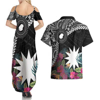 Black Nauru Couples Matching Summer Maxi Dress and Hawaiian Shirt Naoero Map With Polynesian Tropical Flowers LT14 - Polynesian Pride