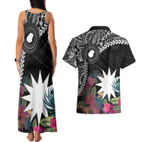 Black Nauru Couples Matching Tank Maxi Dress and Hawaiian Shirt Naoero Map With Polynesian Tropical Flowers LT14 - Polynesian Pride