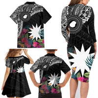 Black Nauru Family Matching Long Sleeve Bodycon Dress and Hawaiian Shirt Naoero Map With Polynesian Tropical Flowers LT14 - Polynesian Pride