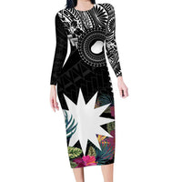 Black Nauru Family Matching Long Sleeve Bodycon Dress and Hawaiian Shirt Naoero Map With Polynesian Tropical Flowers LT14 Mom's Dress Black - Polynesian Pride