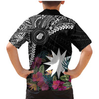 Black Nauru Family Matching Mermaid Dress and Hawaiian Shirt Naoero Map With Polynesian Tropical Flowers LT14 - Polynesian Pride