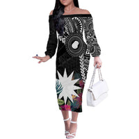 Black Nauru Family Matching Off The Shoulder Long Sleeve Dress and Hawaiian Shirt Naoero Map With Polynesian Tropical Flowers LT14 Mom's Dress Black - Polynesian Pride