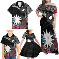 Black Nauru Family Matching Off Shoulder Maxi Dress and Hawaiian Shirt Naoero Map With Polynesian Tropical Flowers LT14 - Polynesian Pride