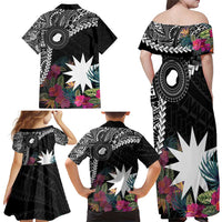 Black Nauru Family Matching Off Shoulder Maxi Dress and Hawaiian Shirt Naoero Map With Polynesian Tropical Flowers LT14 - Polynesian Pride