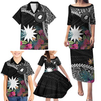 Black Nauru Family Matching Puletasi and Hawaiian Shirt Naoero Map With Polynesian Tropical Flowers LT14 - Polynesian Pride