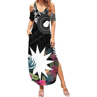 Black Nauru Family Matching Summer Maxi Dress and Hawaiian Shirt Naoero Map With Polynesian Tropical Flowers LT14 Mom's Dress Black - Polynesian Pride
