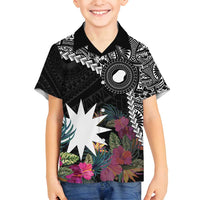 Black Nauru Family Matching Summer Maxi Dress and Hawaiian Shirt Naoero Map With Polynesian Tropical Flowers LT14 Son's Shirt Black - Polynesian Pride