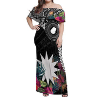 Black Nauru Off Shoulder Maxi Dress Naoero Map With Polynesian Tropical Flowers