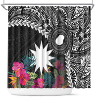 Black Nauru Shower Curtain Naoero Map With Polynesian Tropical Flowers LT14 Black - Polynesian Pride