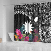 Black Nauru Shower Curtain Naoero Map With Polynesian Tropical Flowers LT14 - Polynesian Pride