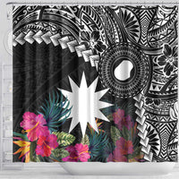 Black Nauru Shower Curtain Naoero Map With Polynesian Tropical Flowers LT14 - Polynesian Pride
