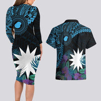 Blue Nauru Couples Matching Long Sleeve Bodycon Dress and Hawaiian Shirt Naoero Map With Polynesian Tropical Flowers LT14 - Polynesian Pride