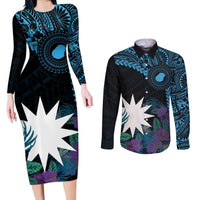 Blue Nauru Couples Matching Long Sleeve Bodycon Dress and Long Sleeve Button Shirt Naoero Map With Polynesian Tropical Flowers LT14 Blue - Polynesian Pride