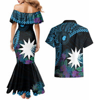 Blue Nauru Couples Matching Mermaid Dress and Hawaiian Shirt Naoero Map With Polynesian Tropical Flowers LT14 - Polynesian Pride