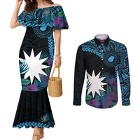 Blue Nauru Couples Matching Mermaid Dress and Long Sleeve Button Shirt Naoero Map With Polynesian Tropical Flowers LT14 Blue - Polynesian Pride