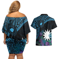 Blue Nauru Couples Matching Off Shoulder Short Dress and Hawaiian Shirt Naoero Map With Polynesian Tropical Flowers LT14 - Polynesian Pride