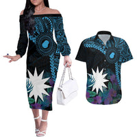 Blue Nauru Couples Matching Off The Shoulder Long Sleeve Dress and Hawaiian Shirt Naoero Map With Polynesian Tropical Flowers LT14 Blue - Polynesian Pride