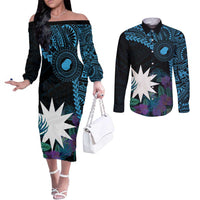 Blue Nauru Couples Matching Off The Shoulder Long Sleeve Dress and Long Sleeve Button Shirt Naoero Map With Polynesian Tropical Flowers LT14 Blue - Polynesian Pride