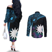 Blue Nauru Couples Matching Off The Shoulder Long Sleeve Dress and Long Sleeve Button Shirt Naoero Map With Polynesian Tropical Flowers LT14 - Polynesian Pride